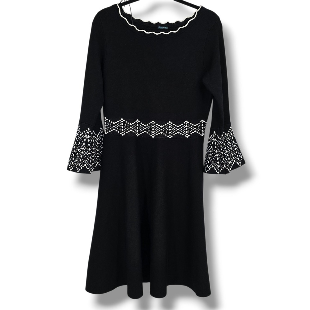 Gabby Skye Womens Black White Geometric Bell Sleeve‎ Scalloped Knit Dress Medium